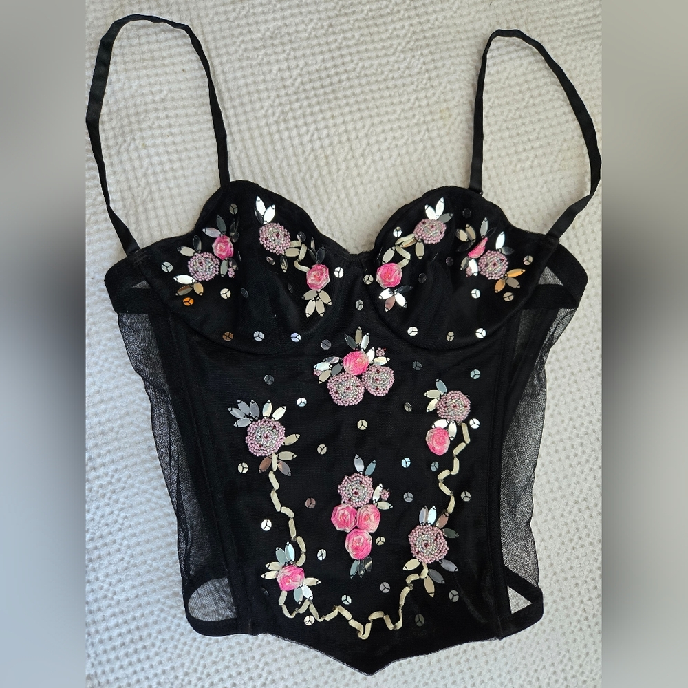 Victoria's Secret Vintage Y2k Rosette And Sequins Embroidered Bustier Sz Small